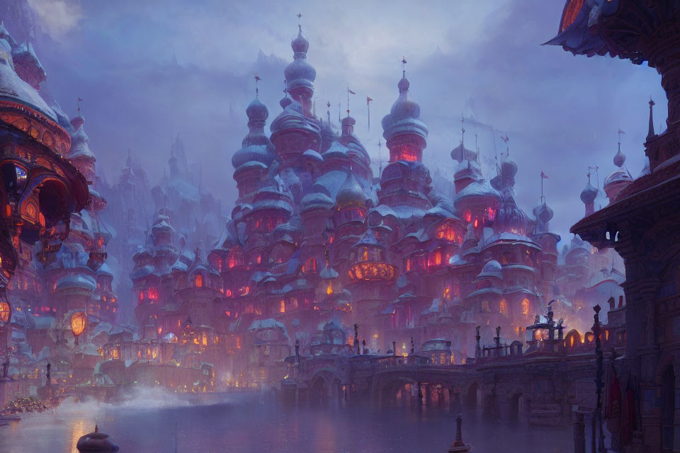 Twilight fantasy cityscape with ornate buildings and bridges