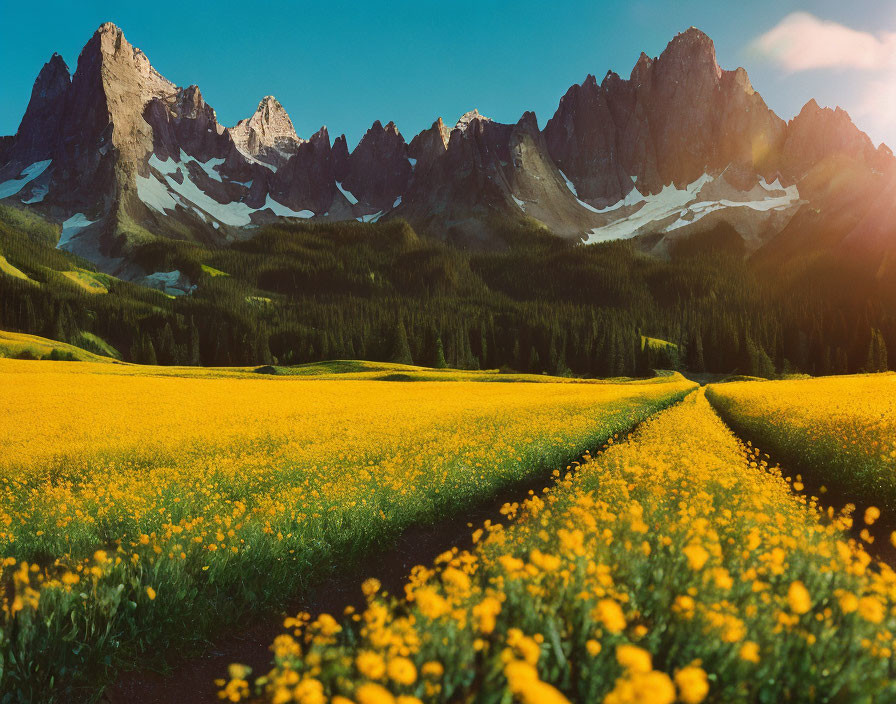 Scenic landscape: yellow flowers, path, mountains, blue sky