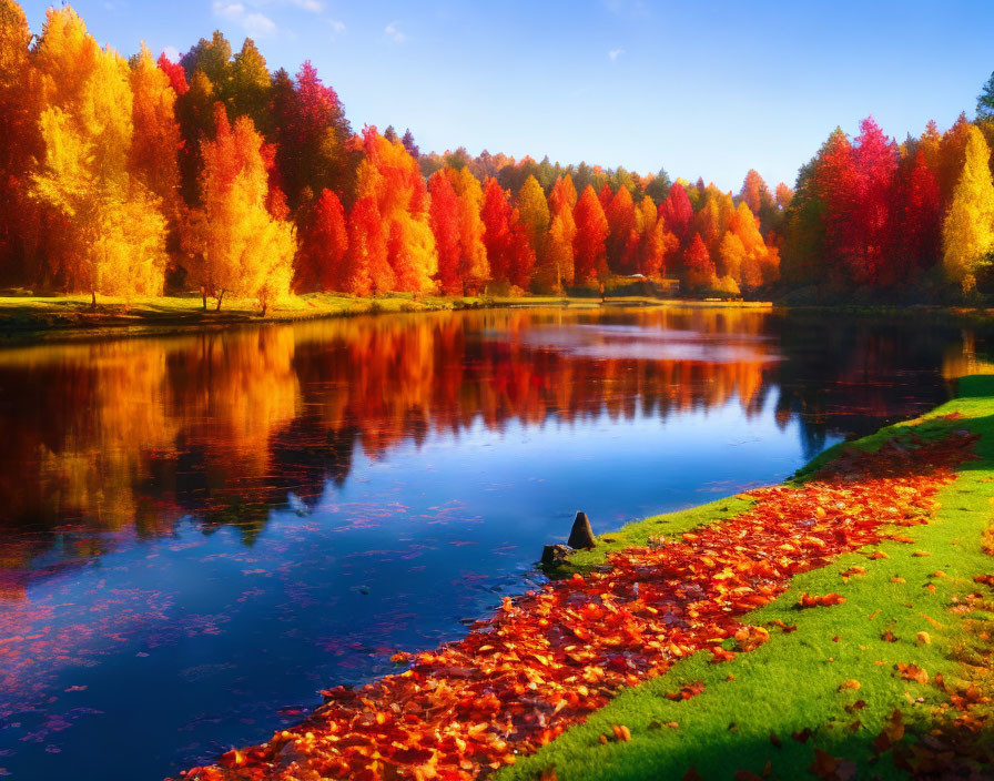 Colorful autumn leaves mirrored in serene lake with green shoreline