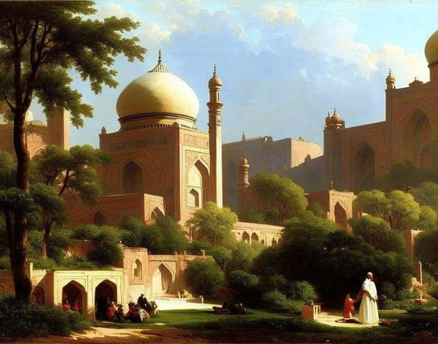 Traditional Mughal-style architecture painting with lush greenery and people in traditional attire.