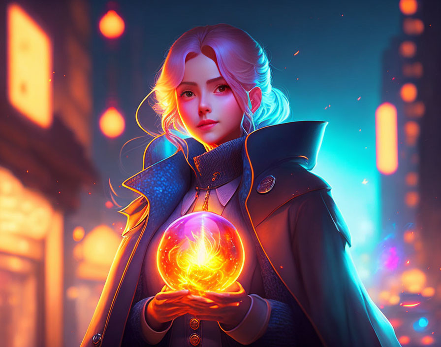 Silver-haired woman holds glowing orb in futuristic cityscape with neon lights