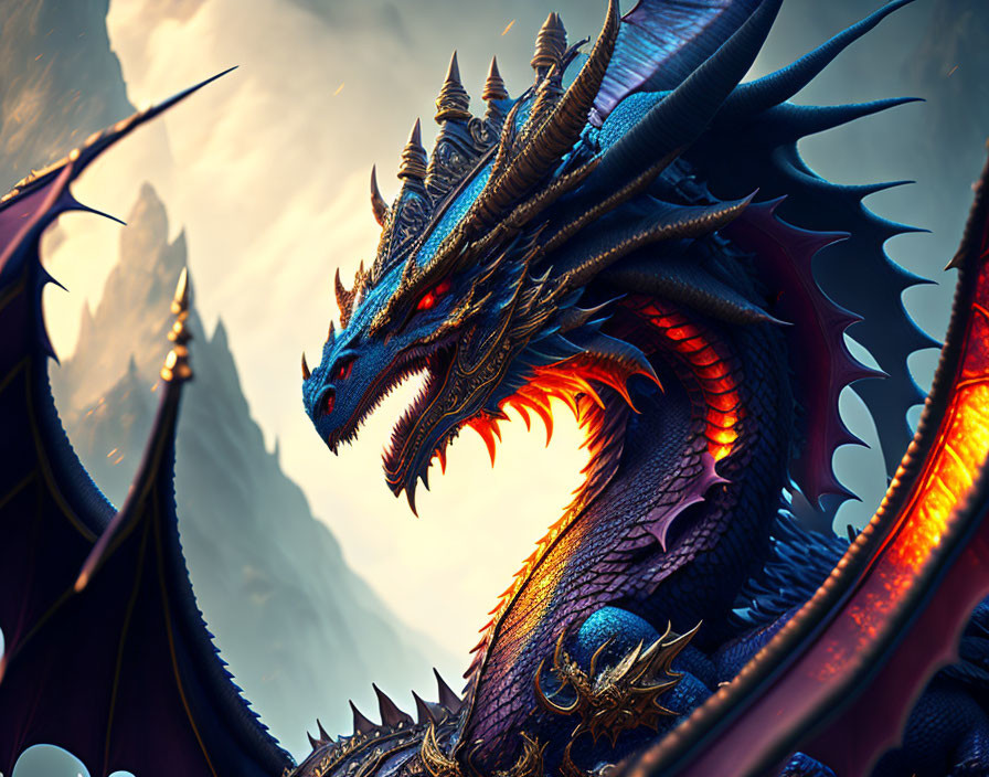 Iridescent Dragon with Multiple Horns and Sharp Teeth in Mountainous Setting