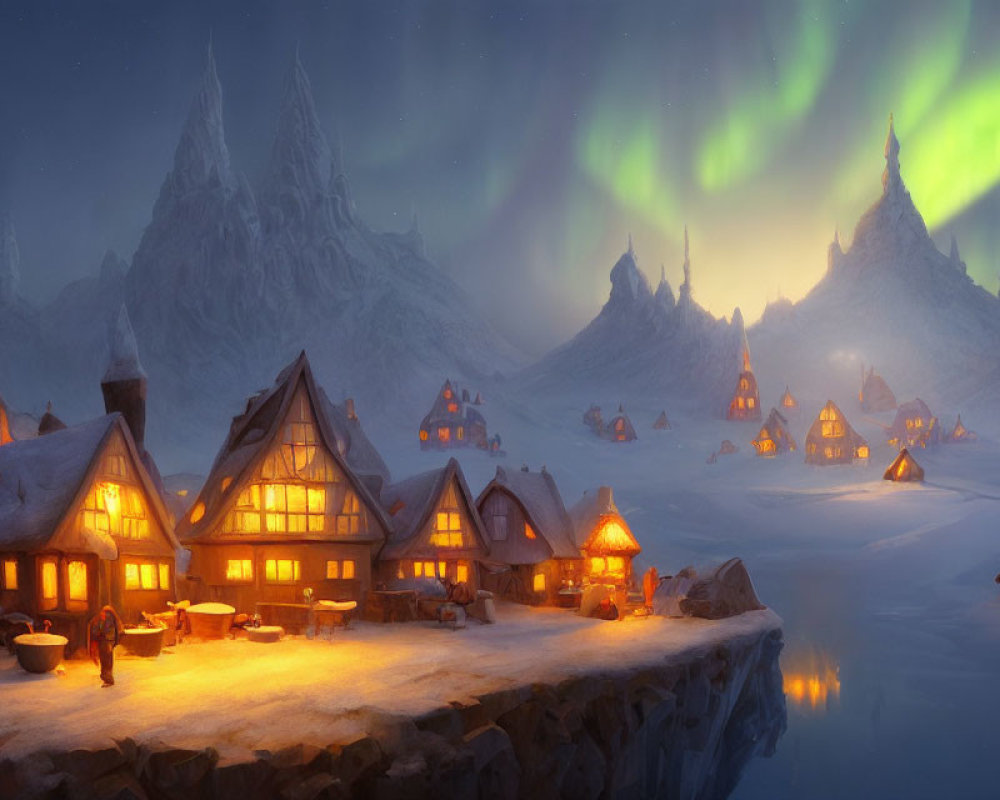 Snowy village with glowing houses under Northern Lights in night sky