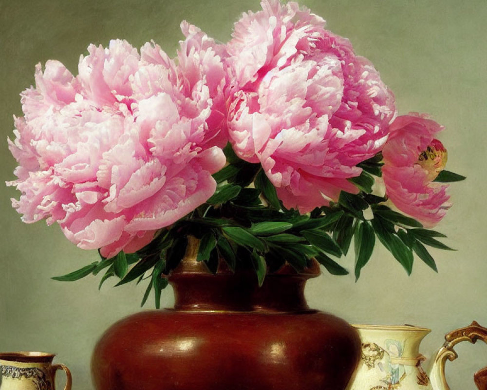Colorful painting of pink peonies in a brown vase with teaware on a table
