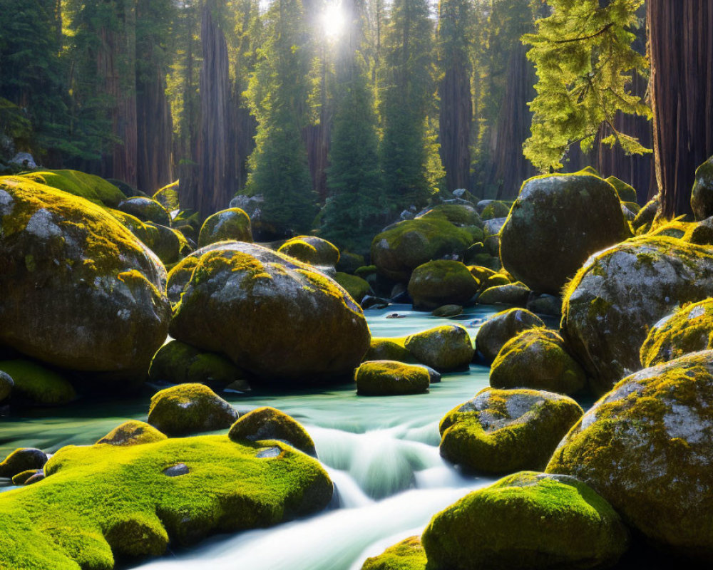 Serene forest scene with sunlight, redwood trees, river, and moss-covered boulders