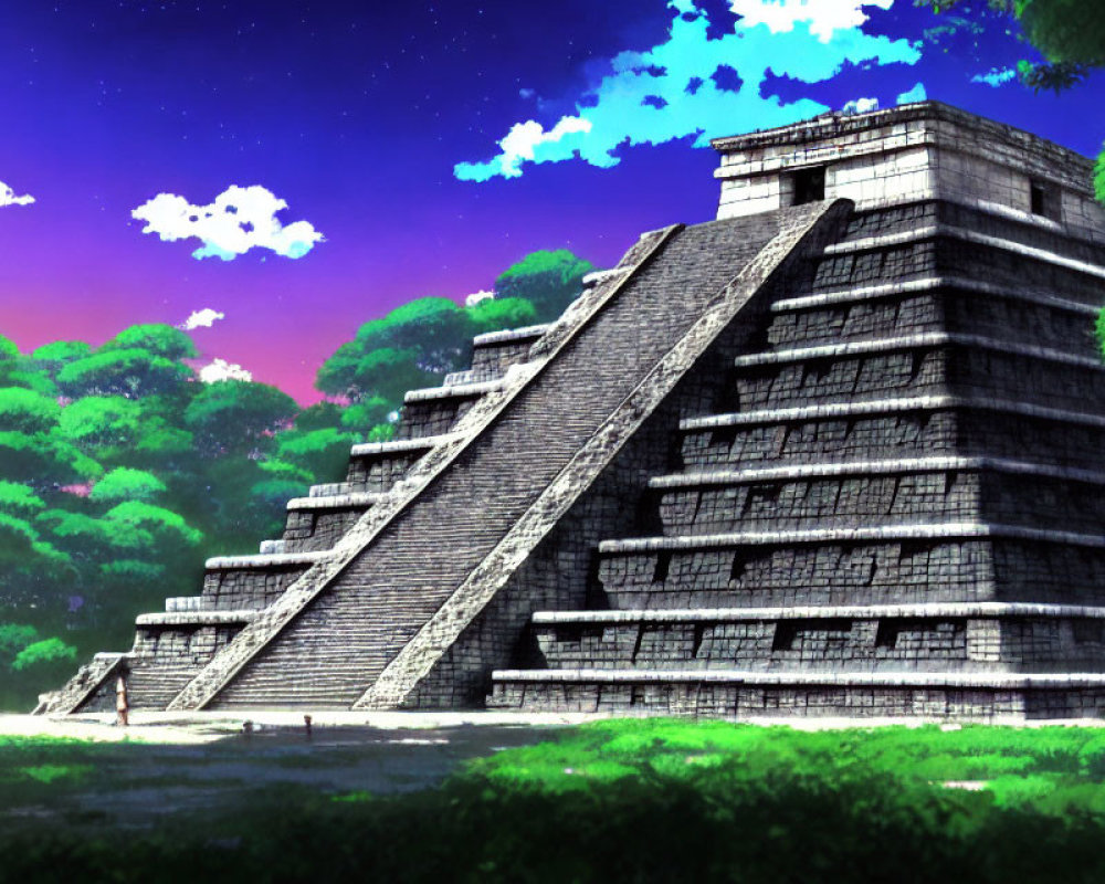 Ancient pyramid with staircases under starry twilight sky surrounded by lush greenery