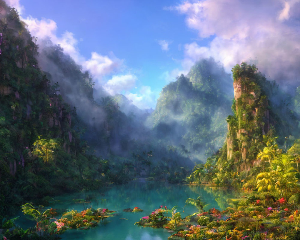 Tranquil landscape with lush greenery, misty mountains, river, and colorful flora