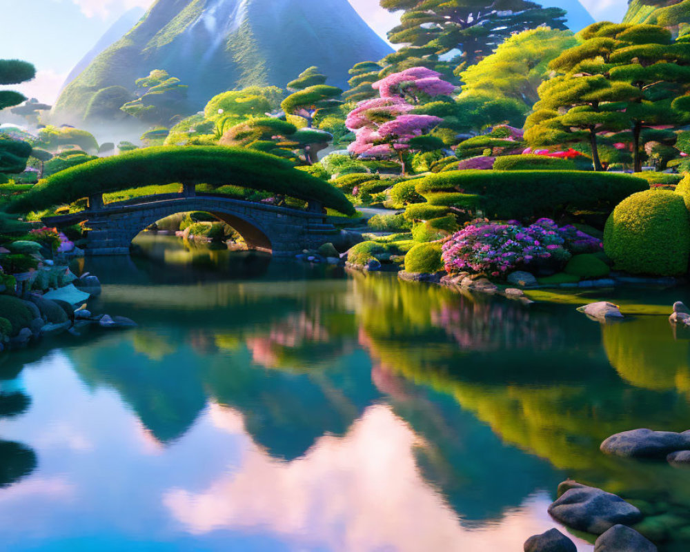 Tranquil Japanese garden with pond, stone bridge, and misty mountains