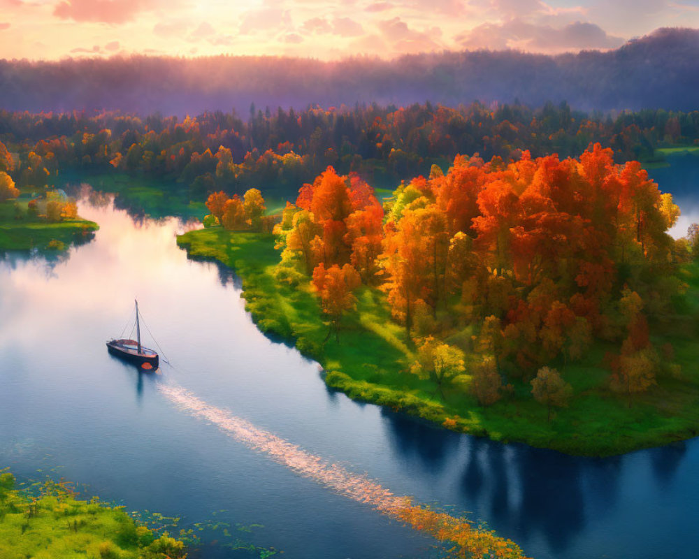 Autumn Sailboat Scene on River with Vibrant Foliage