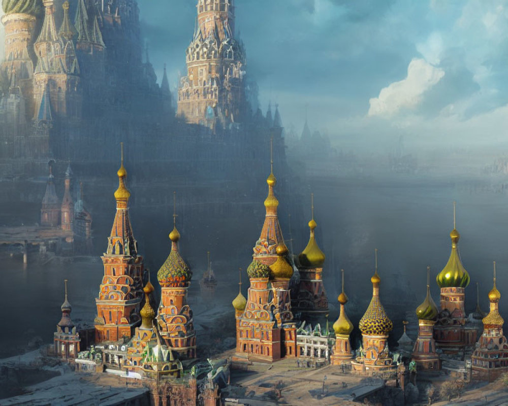 Elaborate cityscape with ornate towers and domes reflected in calm waters