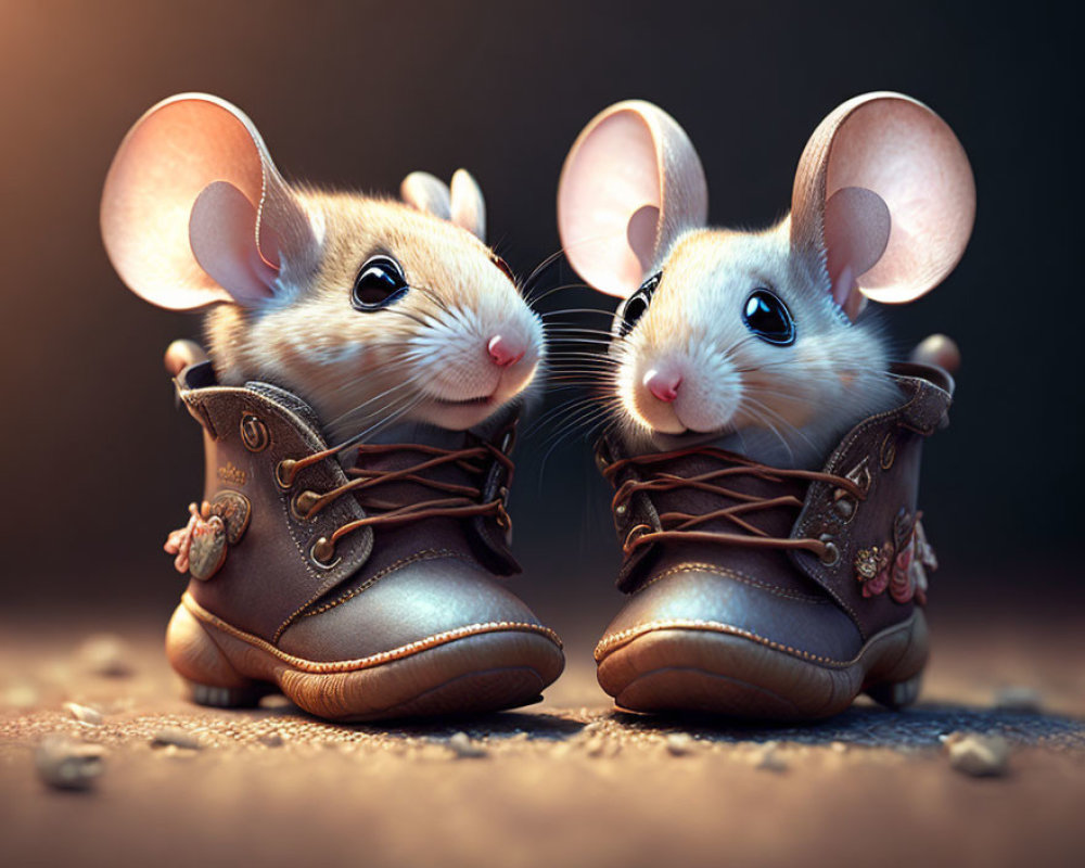 Adorable animated mice in brown boots with intricate detailing