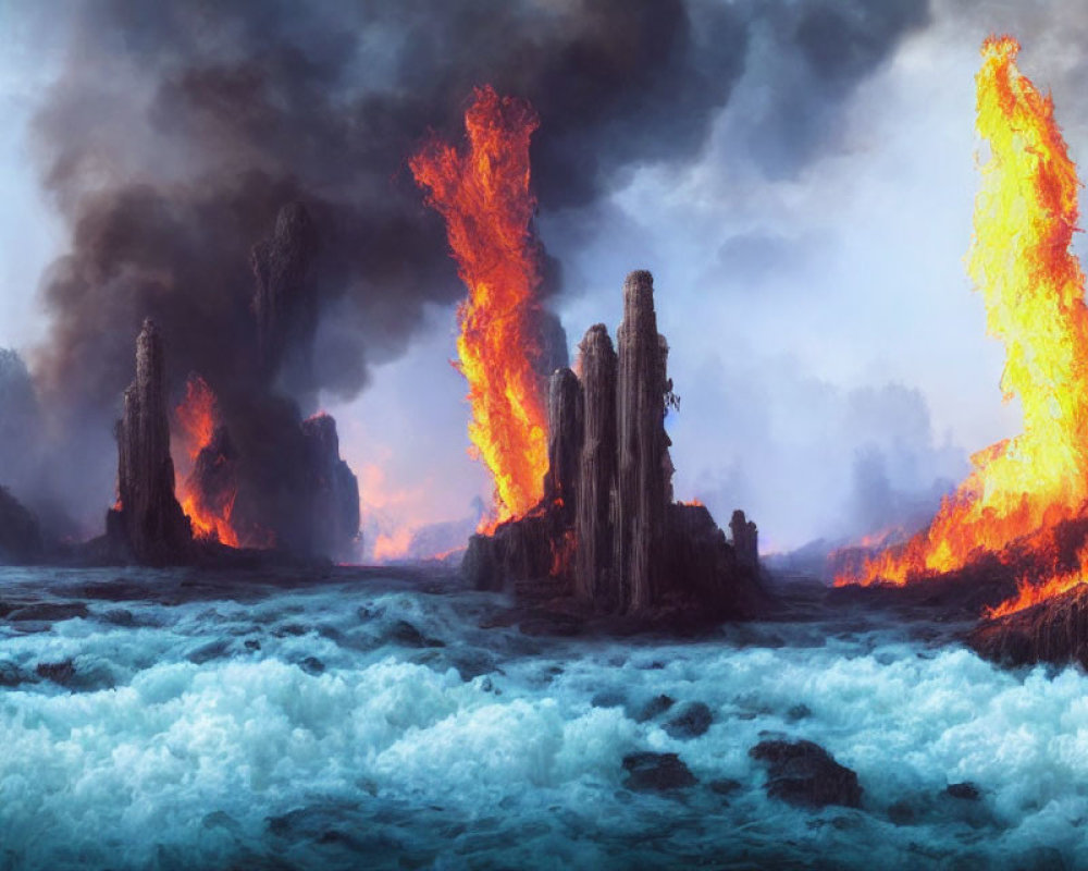 Volcanic Eruptions Amidst Rugged Cliffs and Turbulent Waves