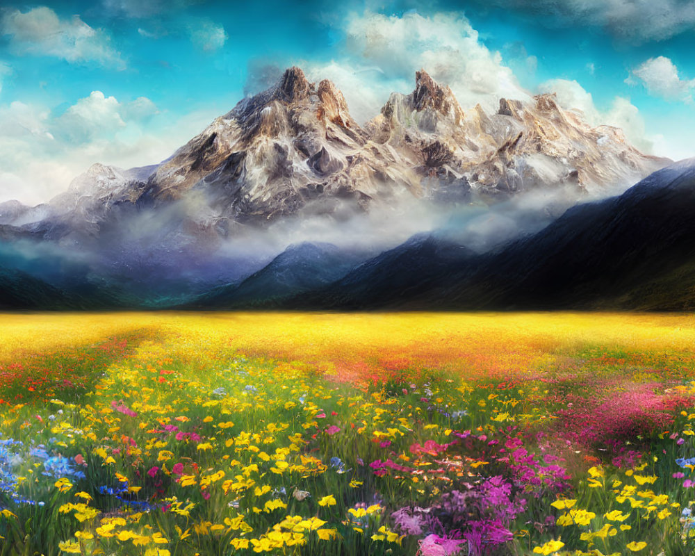 Colorful wildflowers in front of misty mountains under blue sky