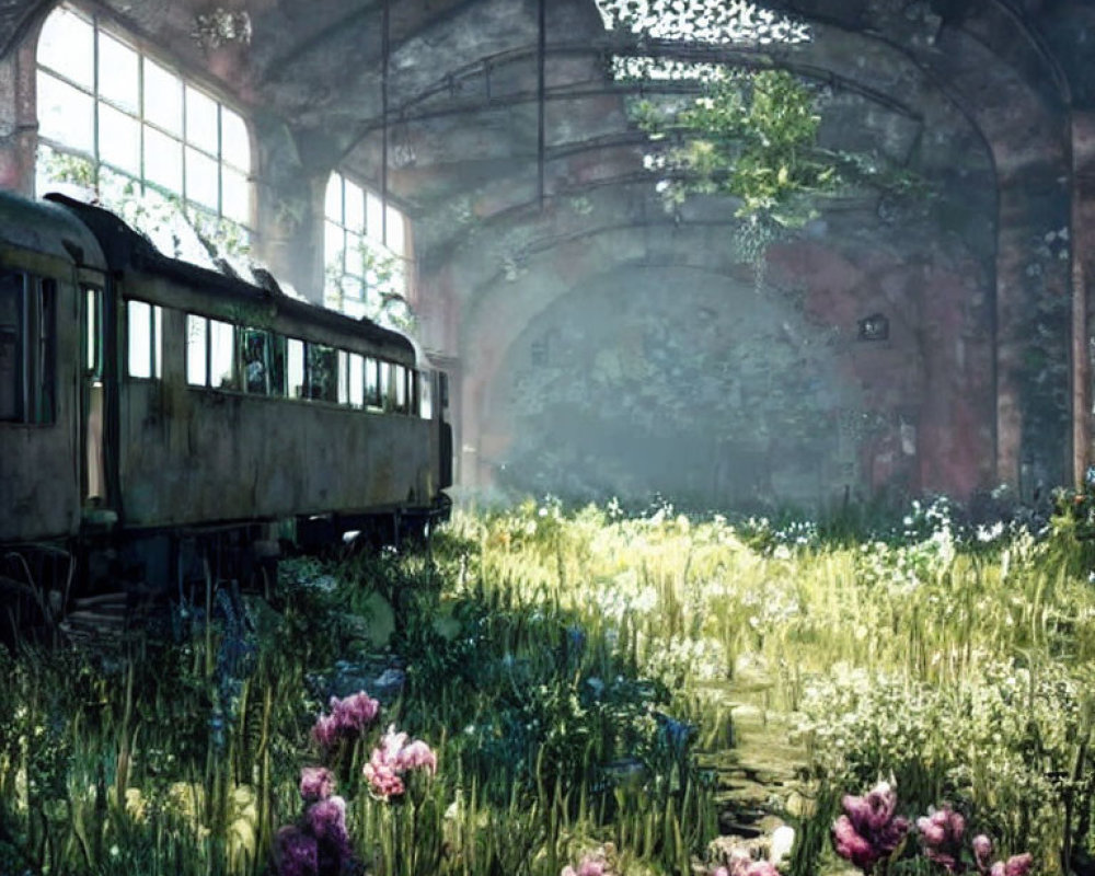 Abandoned train station with overgrown greenery and purple flowers