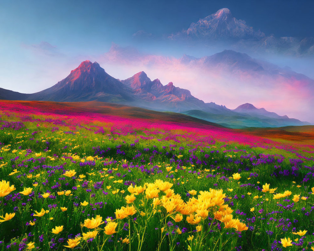 Colorful meadow with wildflowers, rolling hills, misty mountains under pastel sky