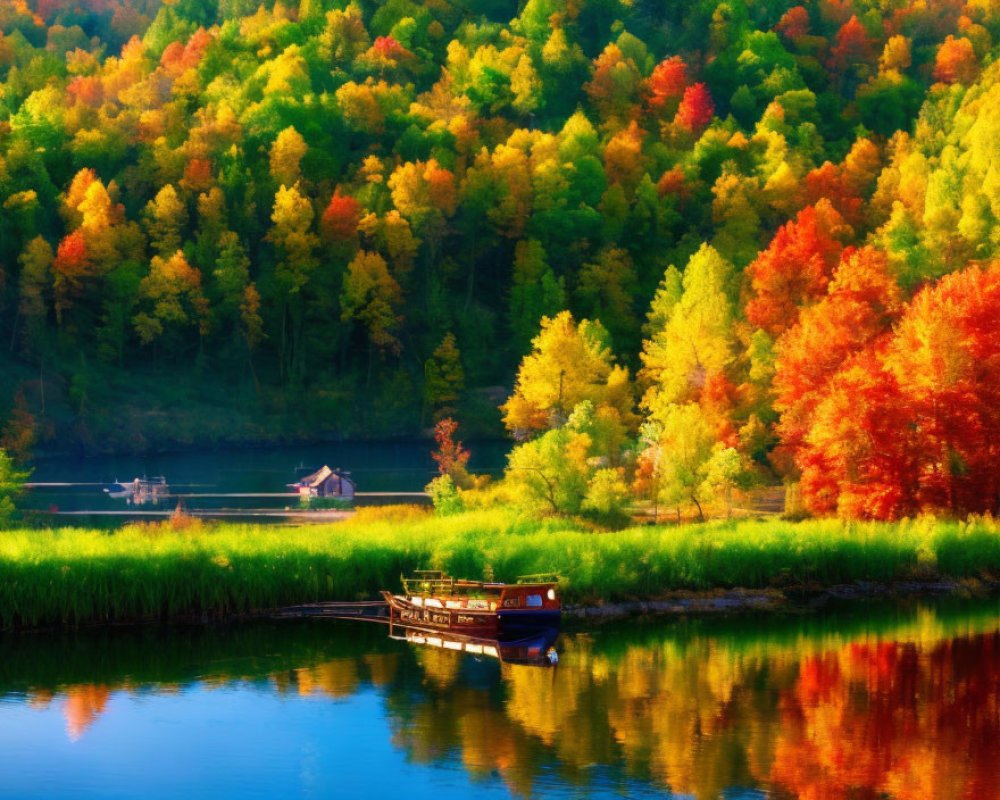 Tranquil lake scene with autumn trees and dock