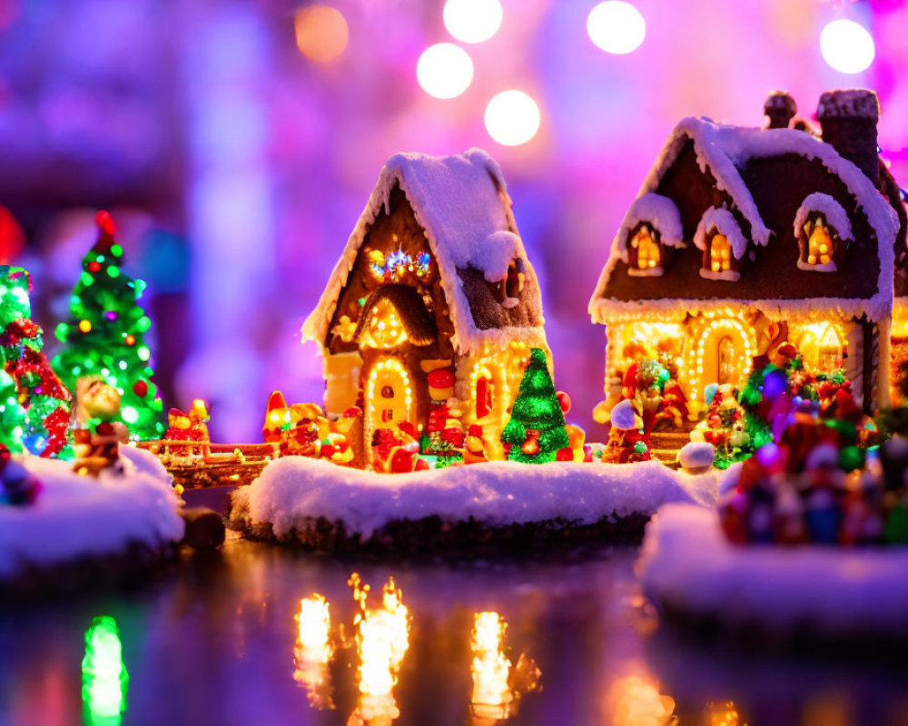 Miniature Christmas village display with illuminated houses and snow-covered trees