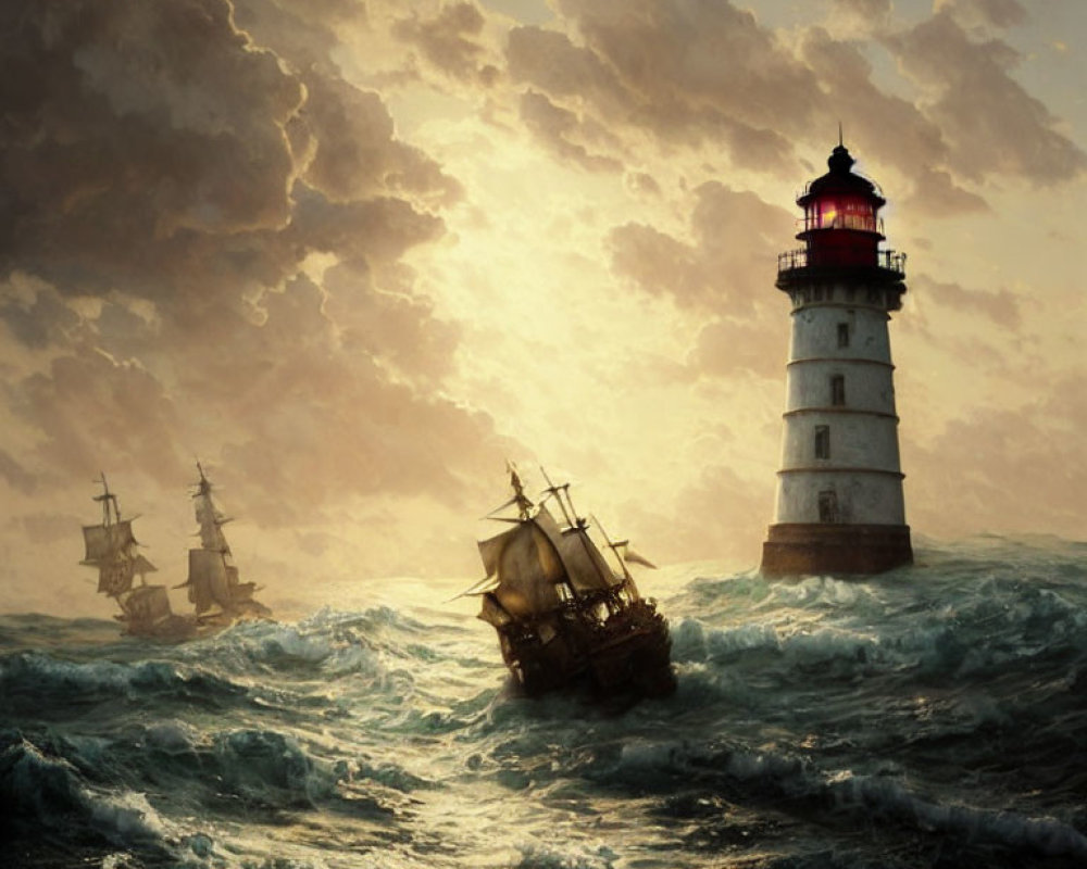 Lighthouse, ships, stormy seas, dramatic sky - Maritime Scene.