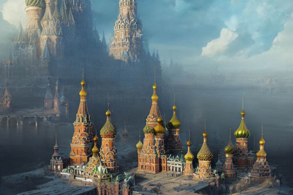 Elaborate cityscape with ornate towers and domes reflected in calm waters