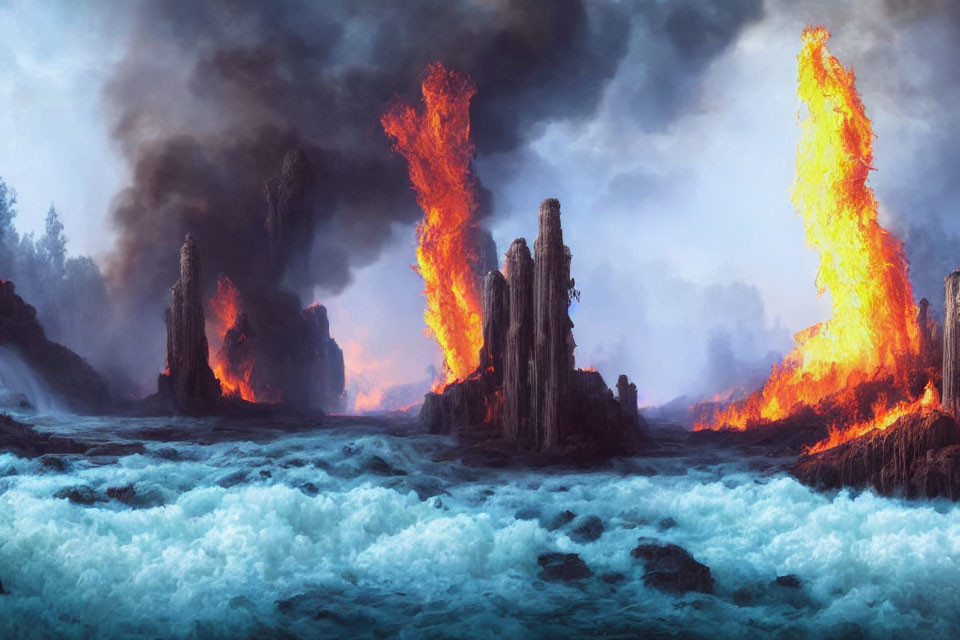 Volcanic Eruptions Amidst Rugged Cliffs and Turbulent Waves