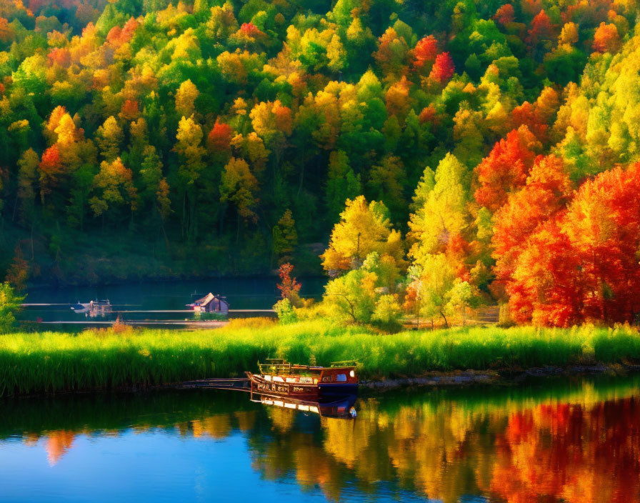 Tranquil lake scene with autumn trees and dock