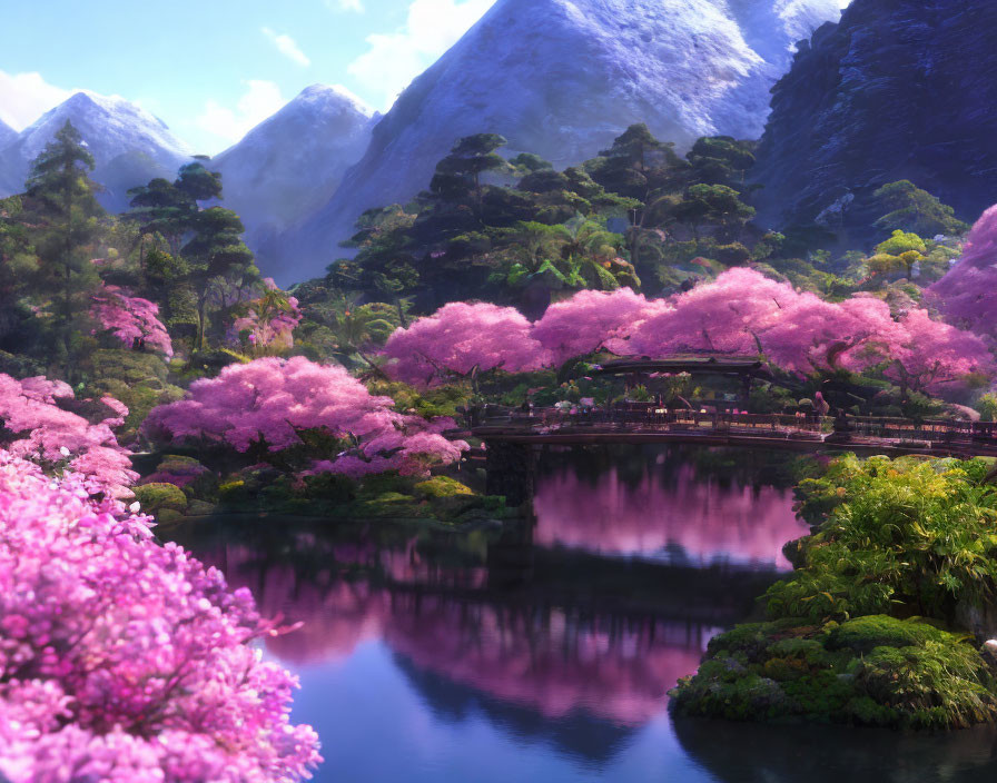 Tranquil landscape with cherry blossoms, bridge, and mountains