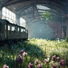 Abandoned train station with overgrown greenery and purple flowers