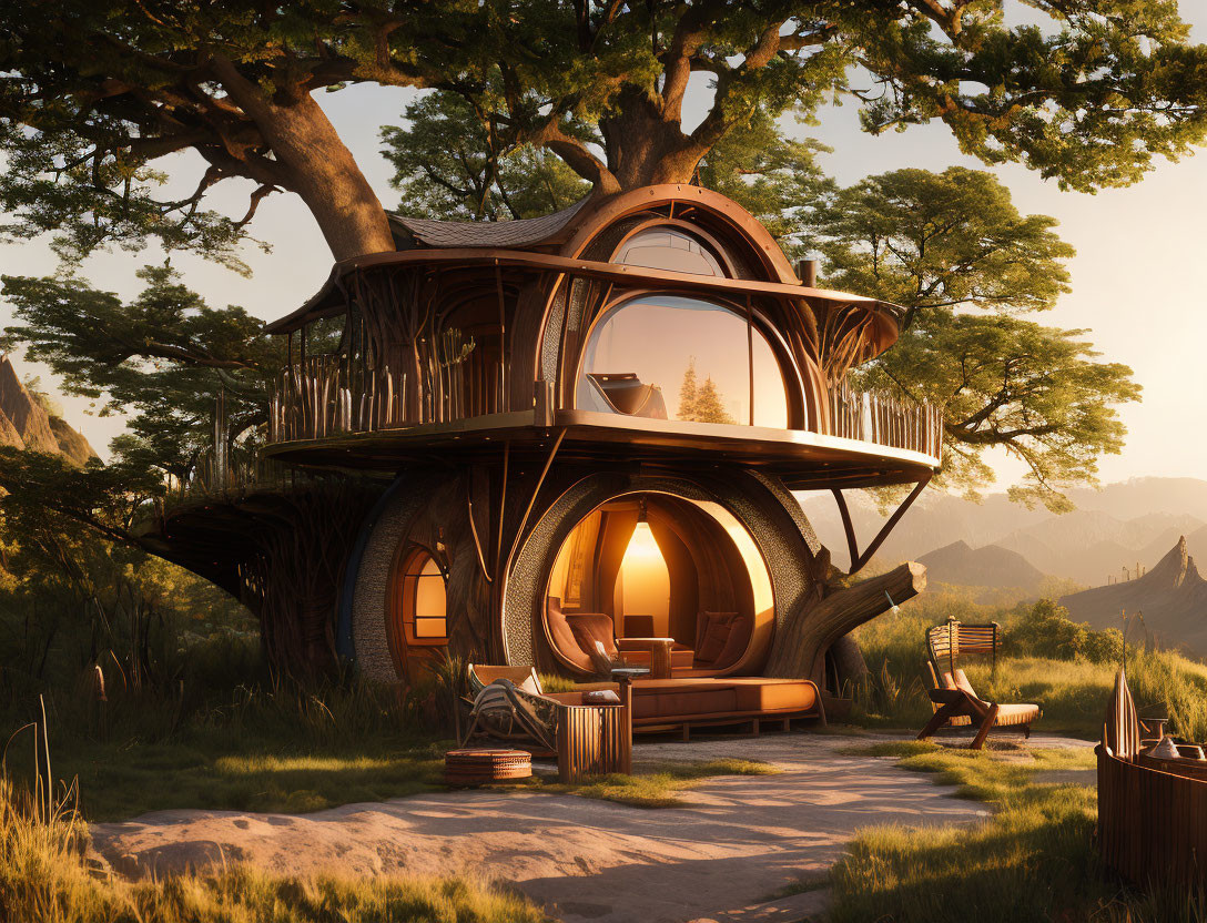 Serene forest sunset treehouse with round windows & cozy interior