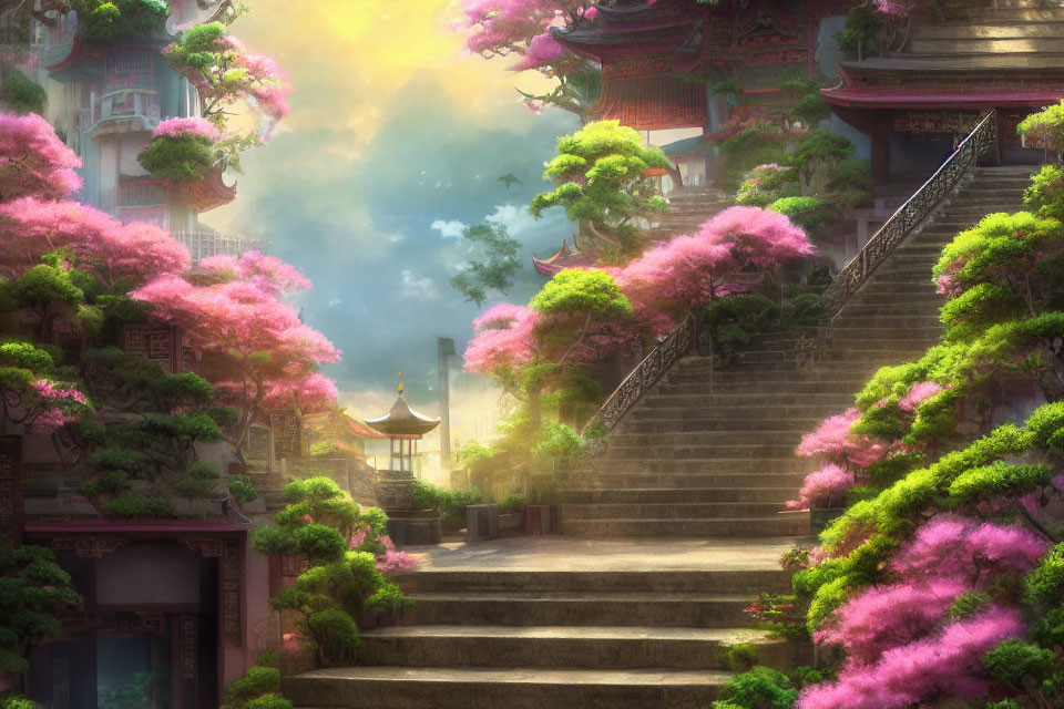 Fantastical pink blooming trees and Asian architecture in serene scene