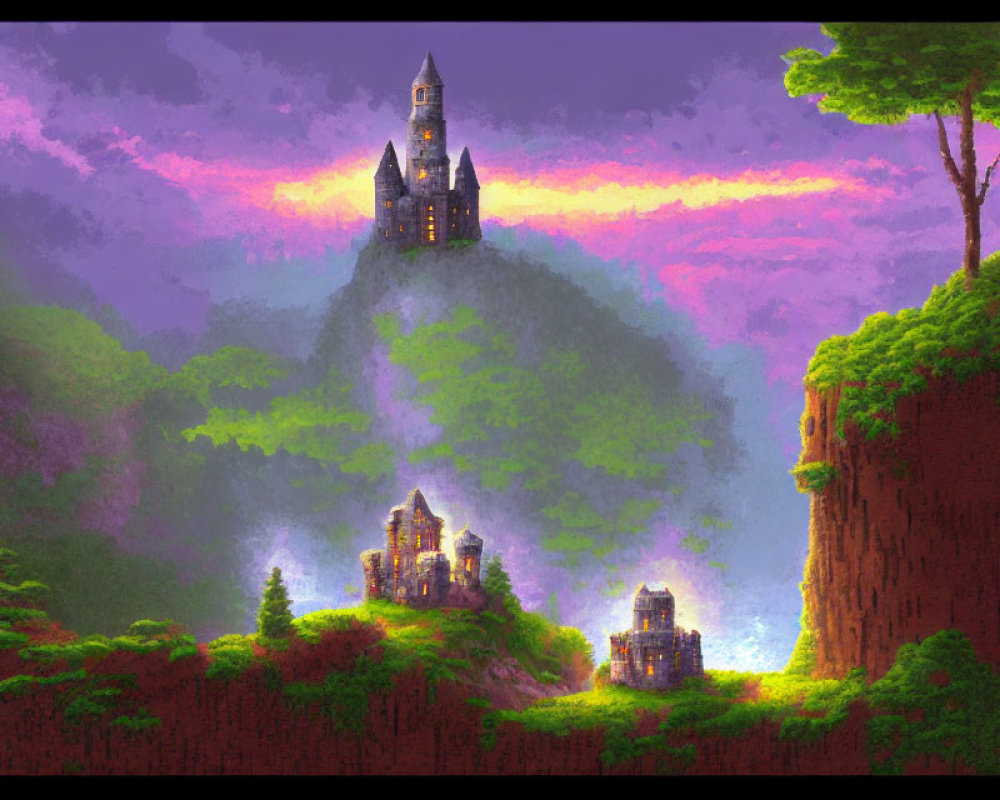 Mystical dusk landscape with castle on cliff, lush forests, purple sky.