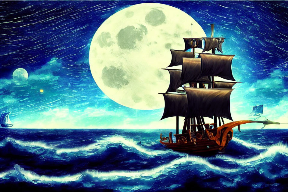 Tall ship sailing on turbulent ocean under full moon