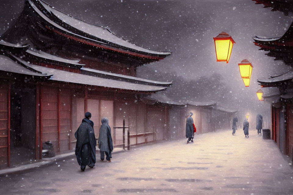 Traditional Attire Figures in Snow-Covered Asian Street