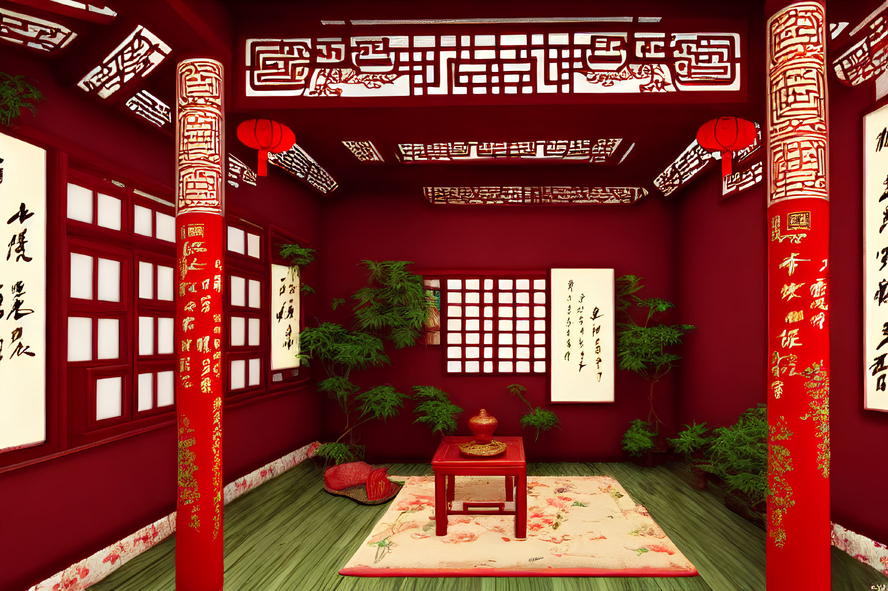 Traditional Asian Room with Red Walls and Calligraphy Artwork