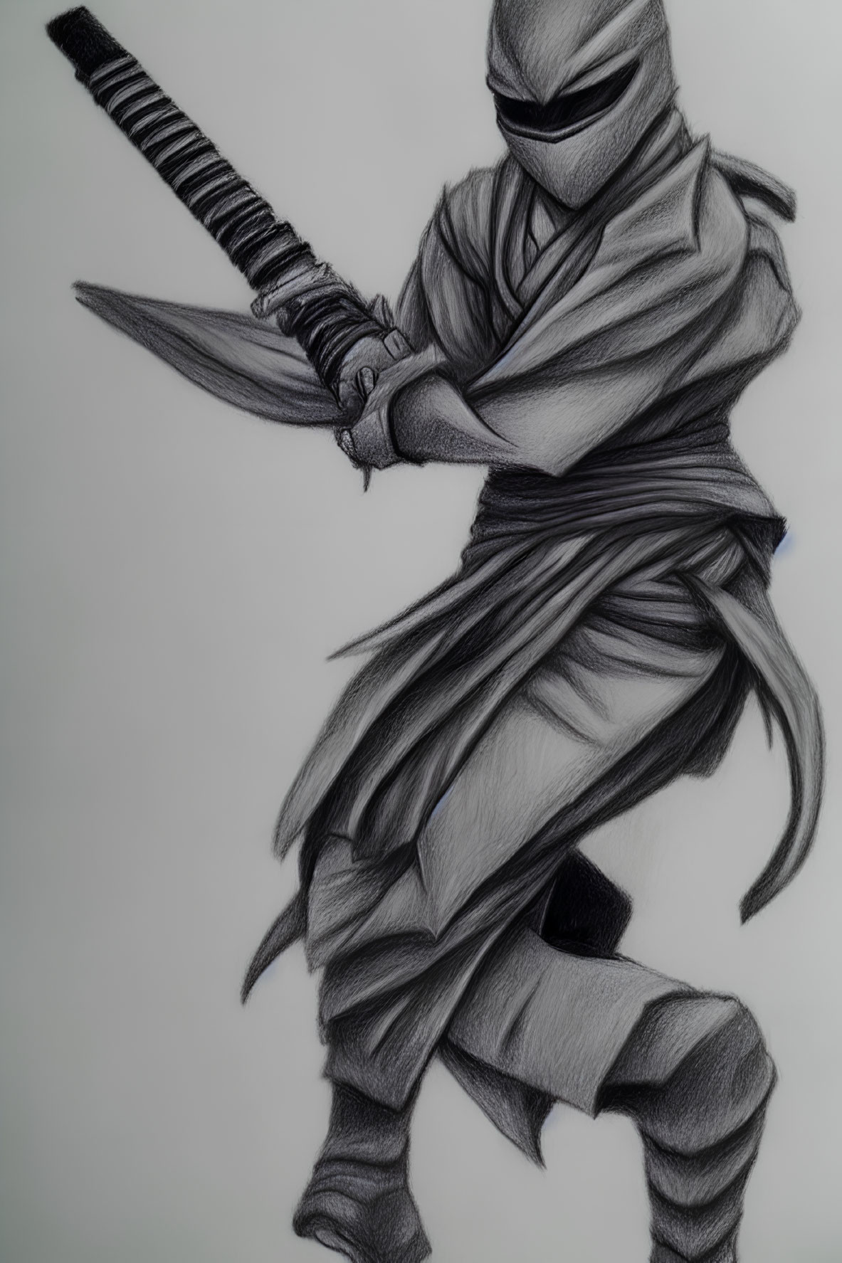 Dynamic shaded drawing of a traditional ninja with katana