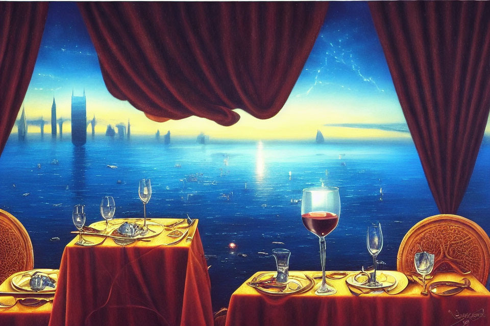 Intimate Sunset Dinner Setting with Orange Tablecloths and City Skyline View