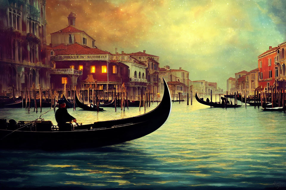 Gondolier navigating Venetian canal at dusk with historical buildings and starry sky