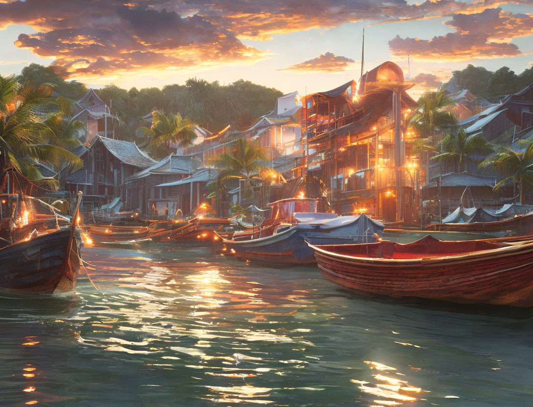 Tranquil harbor scene at sunset with wooden boats and rustic buildings