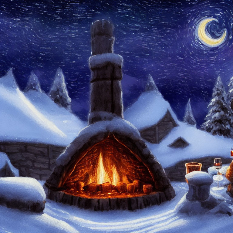 Snowy Winter Night: Fire Pit Under Starry Sky