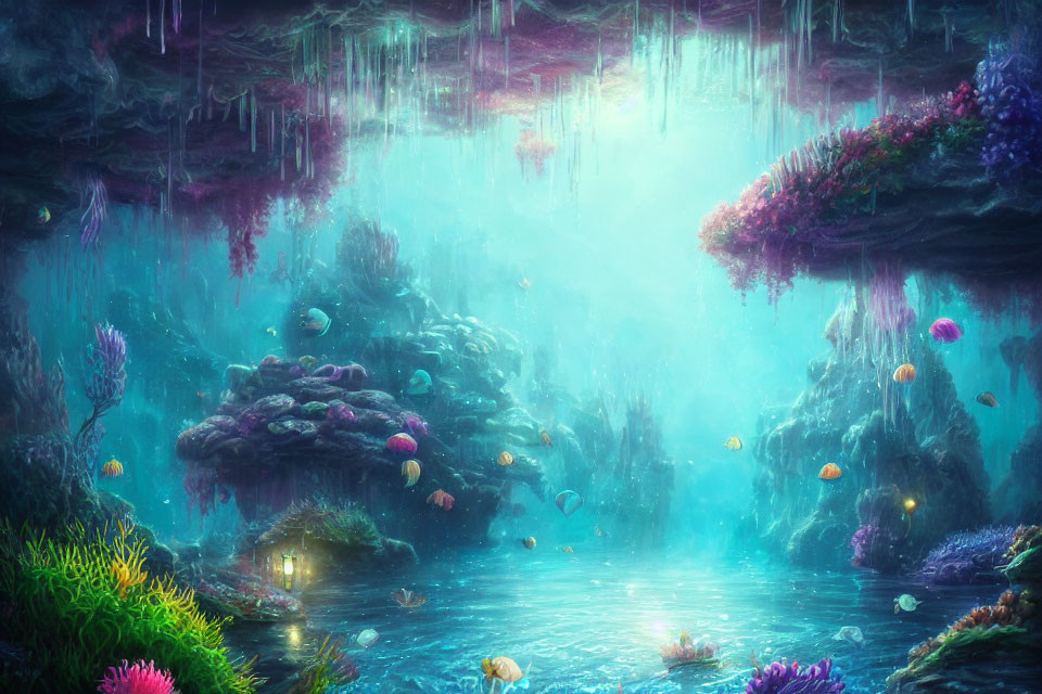 Mystical underwater scene with glowing jellyfish and vibrant coral formations