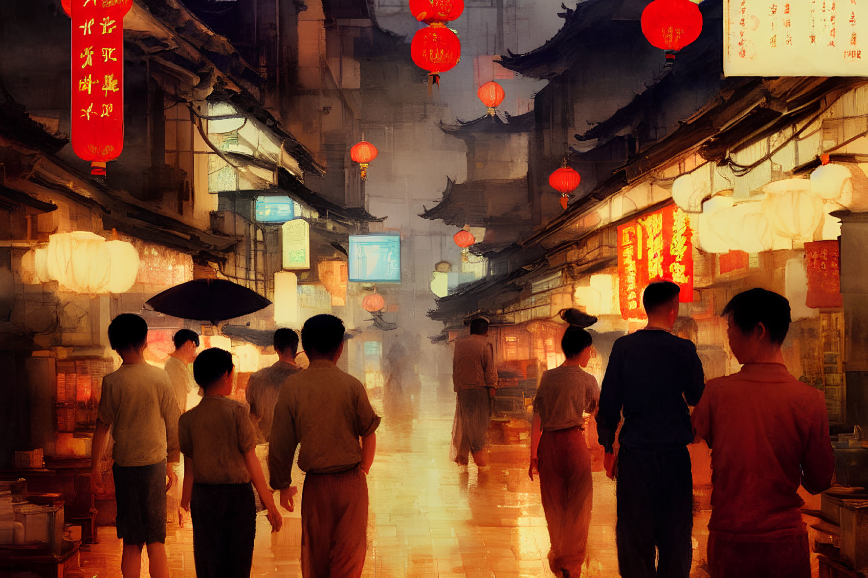 Traditional Asian Street Scene with Lanterns and Vintage Architecture at Dusk