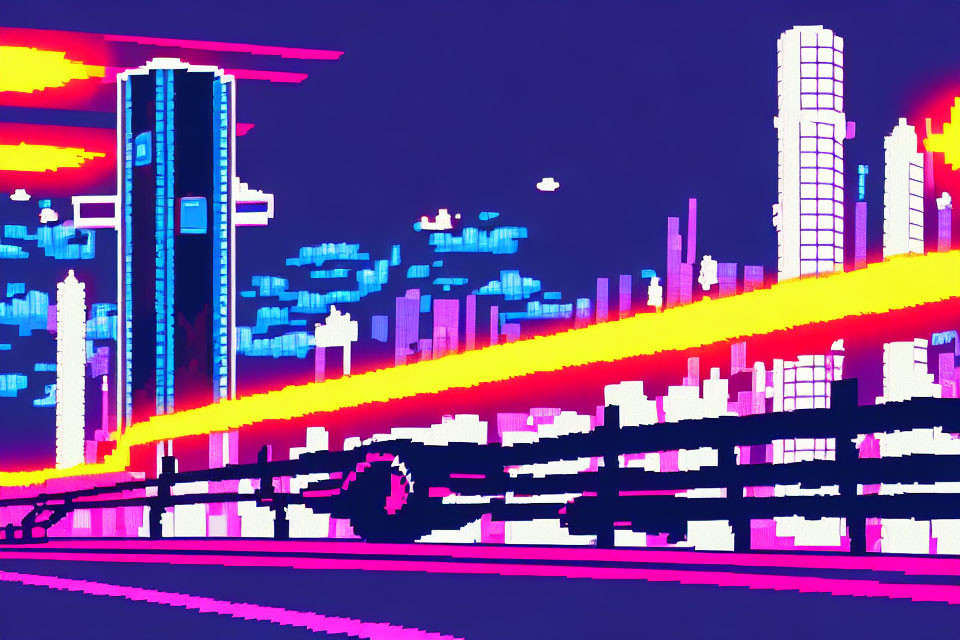 Neon-colored cyberpunk cityscape with high-rise buildings and glowing bridge