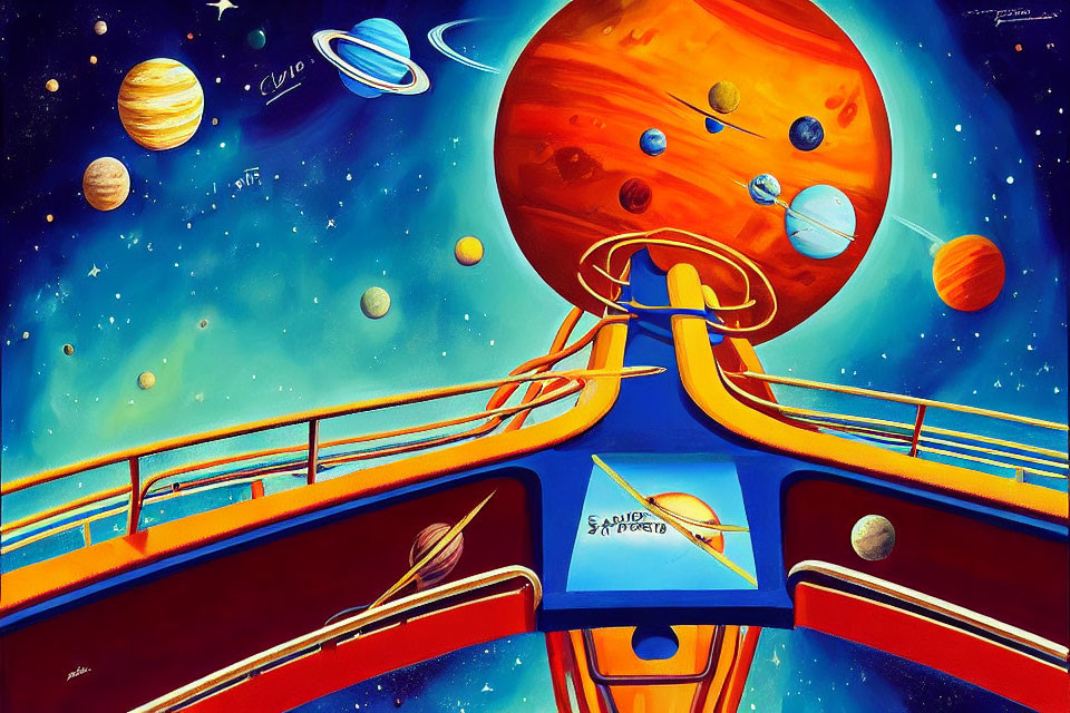 Colorful Space-Themed Painting with Stylized Ship's Bow and Planets