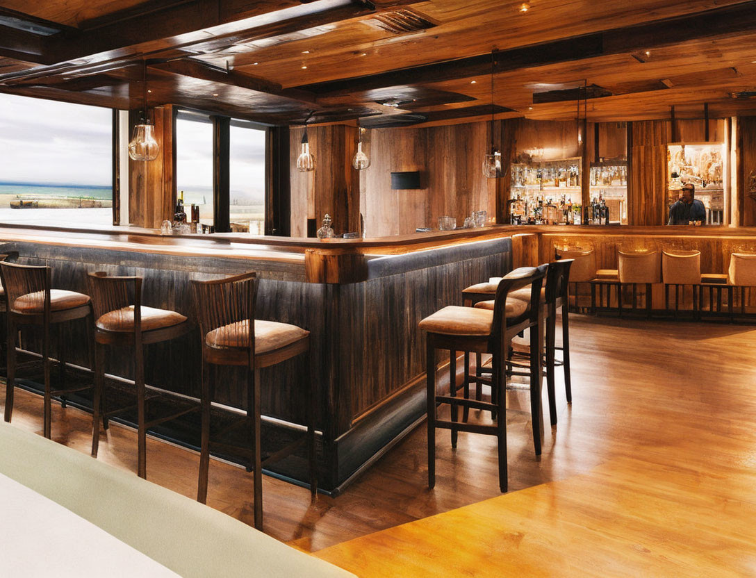 Wooden Interiors, Bar Stools, Stocked Shelves: Serene View from Elegant Bar