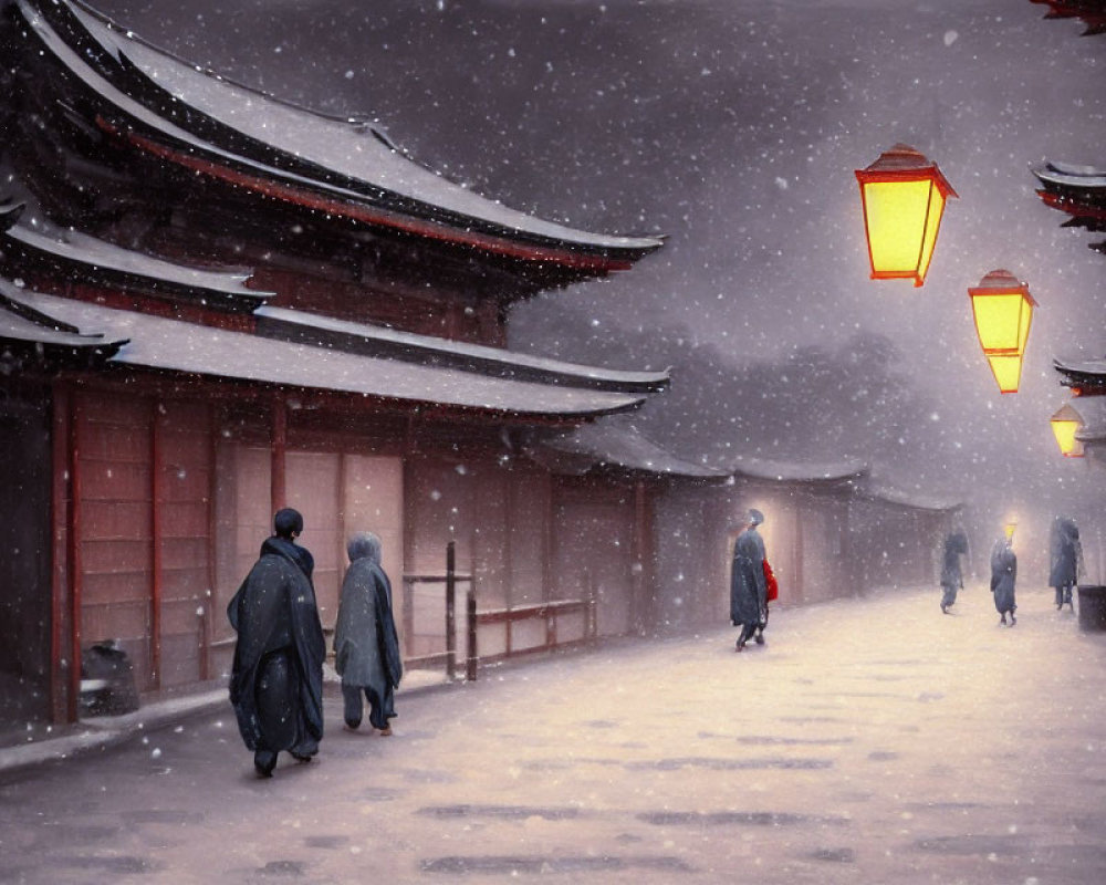 Traditional Attire Figures in Snow-Covered Asian Street