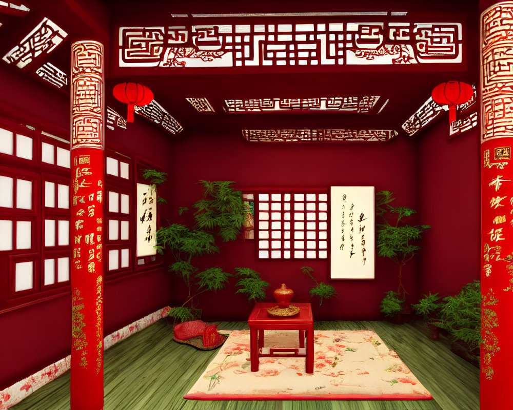 Traditional Asian Room with Red Walls and Calligraphy Artwork