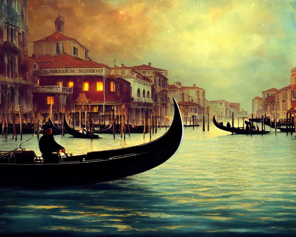 Gondolier navigating Venetian canal at dusk with historical buildings and starry sky