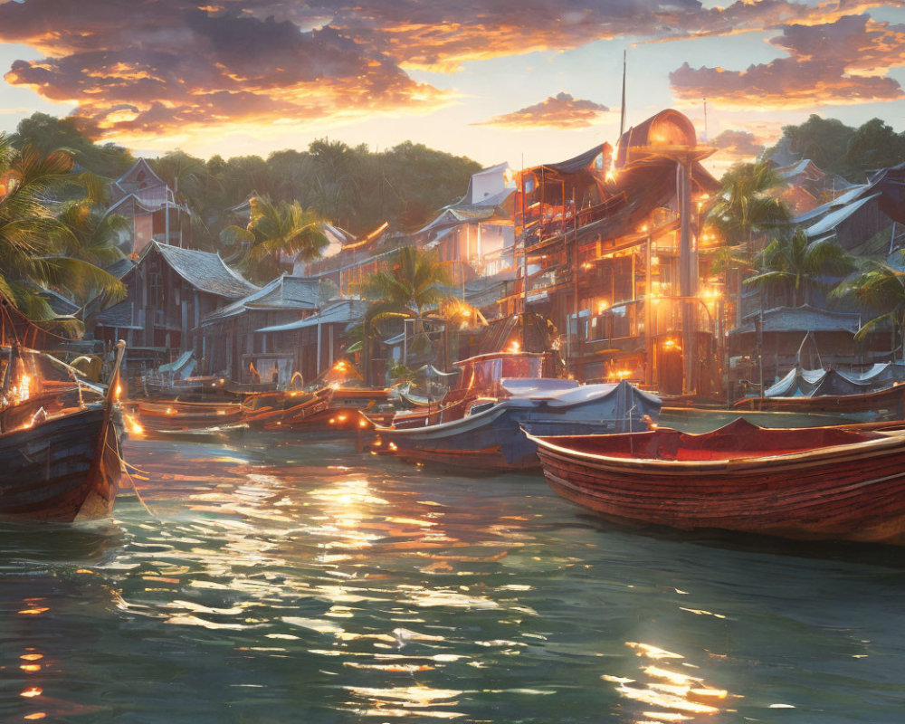 Tranquil harbor scene at sunset with wooden boats and rustic buildings
