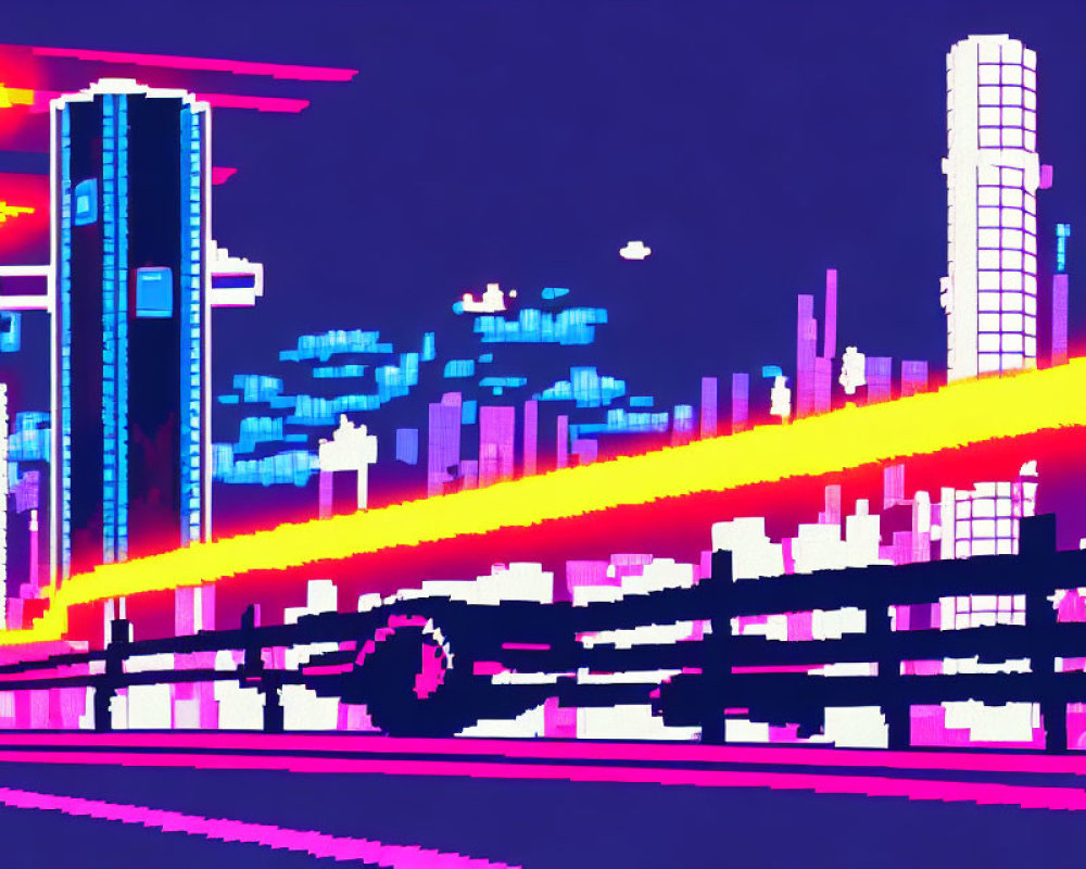 Neon-colored cyberpunk cityscape with high-rise buildings and glowing bridge