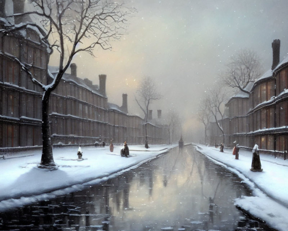 Snowy Sky Over Canal with Row of Houses and People Walking