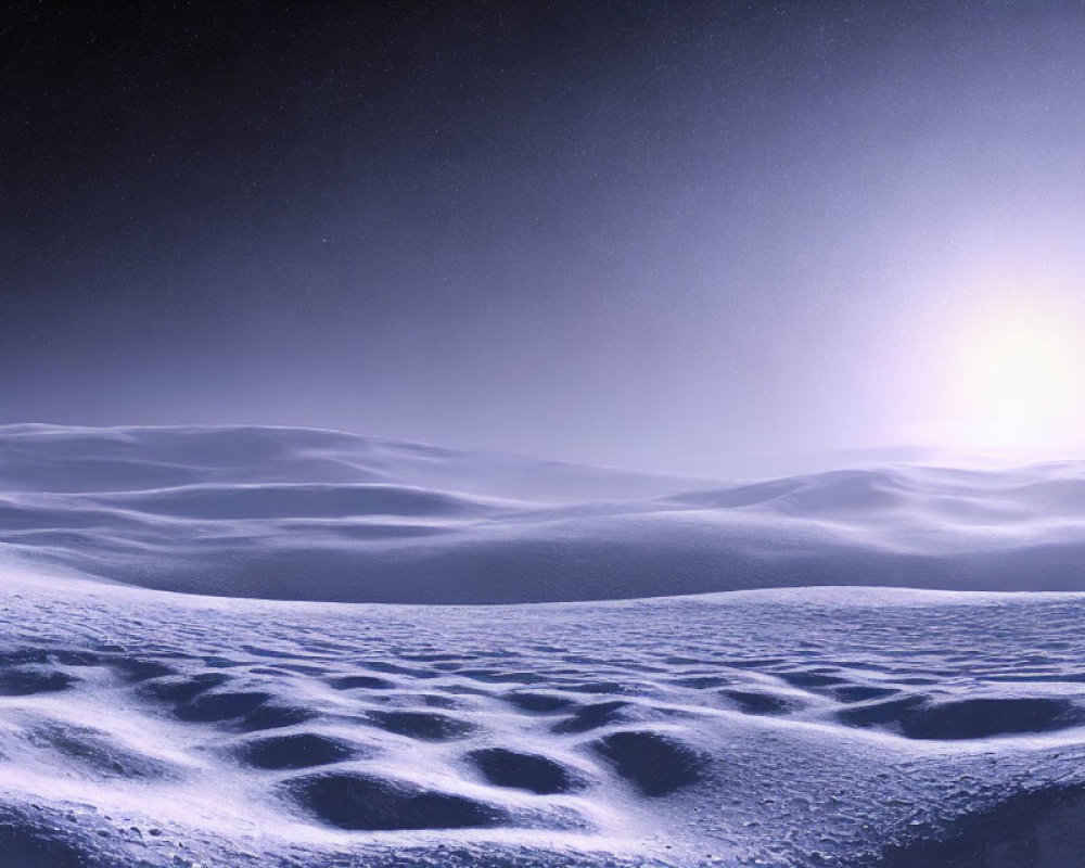 Snowscape under starry night sky with horizon sun glow over snowy dunes